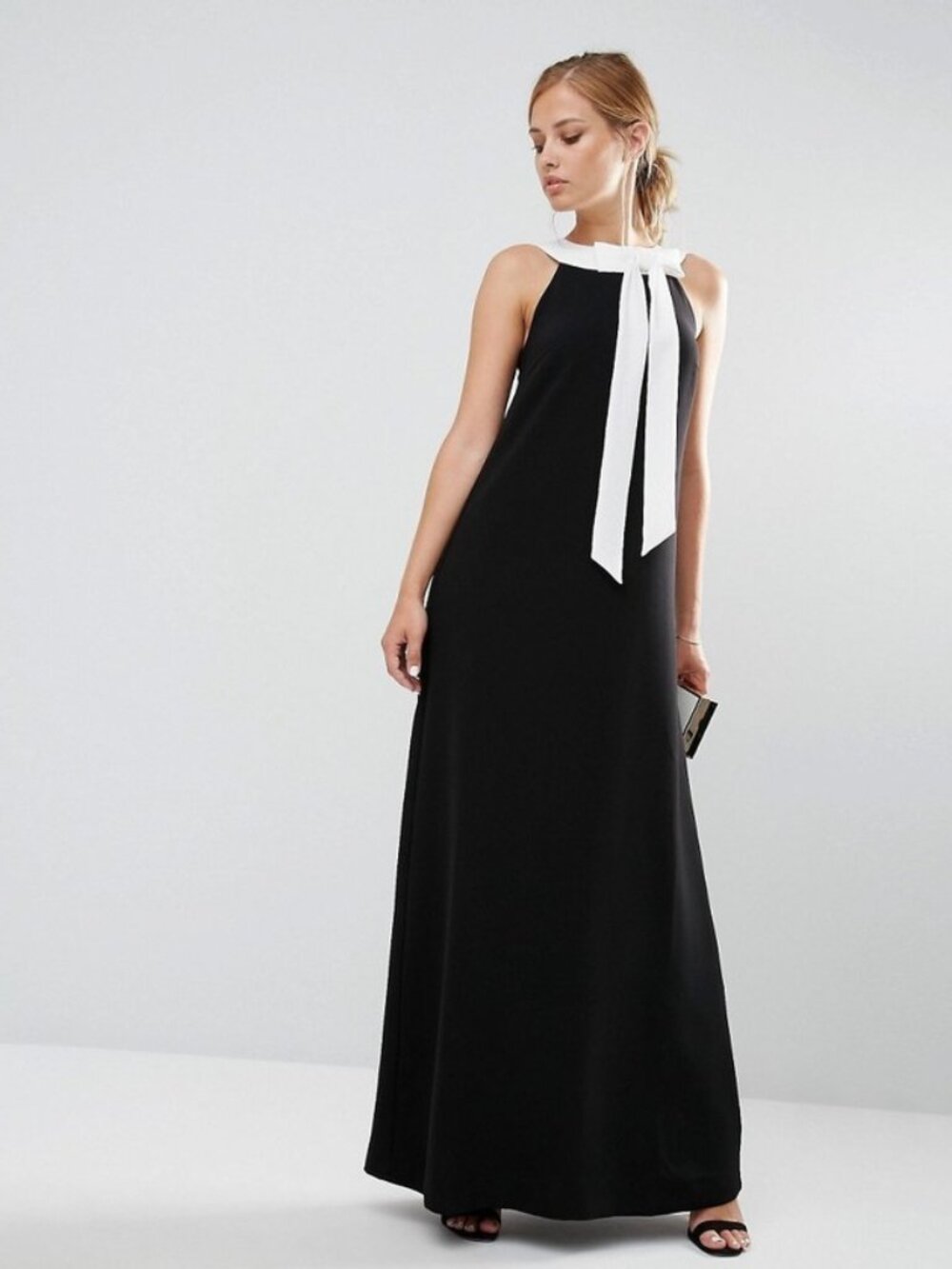 Ted Baker London Hilarny Black Elegant Bow Tie Neck Maxi Column Dress size 3/ 8